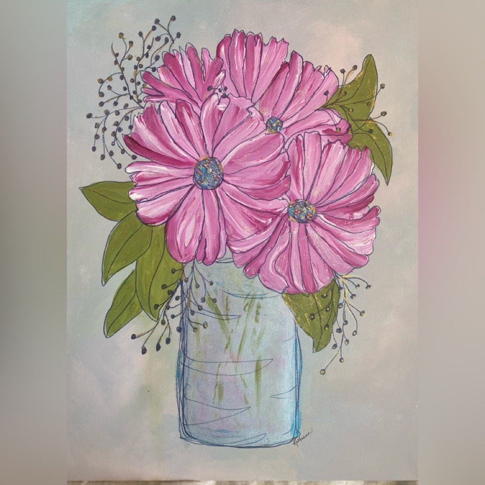 Floral Mixed Media Art with Pink Blooms 18 X 24 inches. Ready to hang